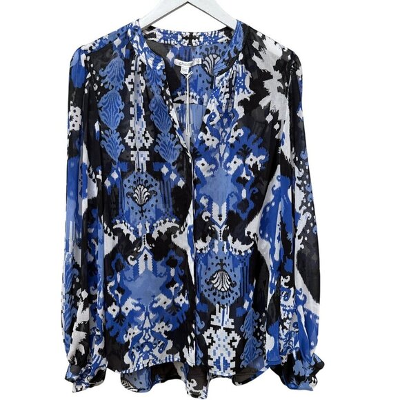 CHICO'S Trapunto Blouse Size 12 / L (Chicos 2) Blue Black Ikat Flowy Chiffon NWT - Picture 12 of 14